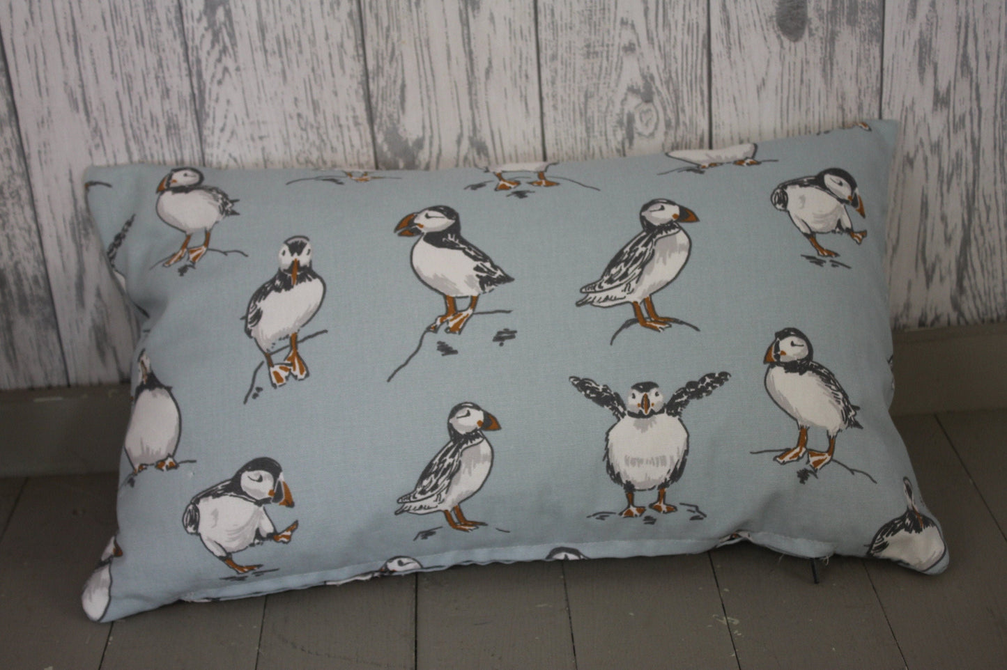 Nautical Puffin Themed Double sided Cushion - 20&quot;x12&quot;oblong/ lumbar Cushion Beach Coastal bird themed - Throw Cushion-Scatter Sofa Cushion