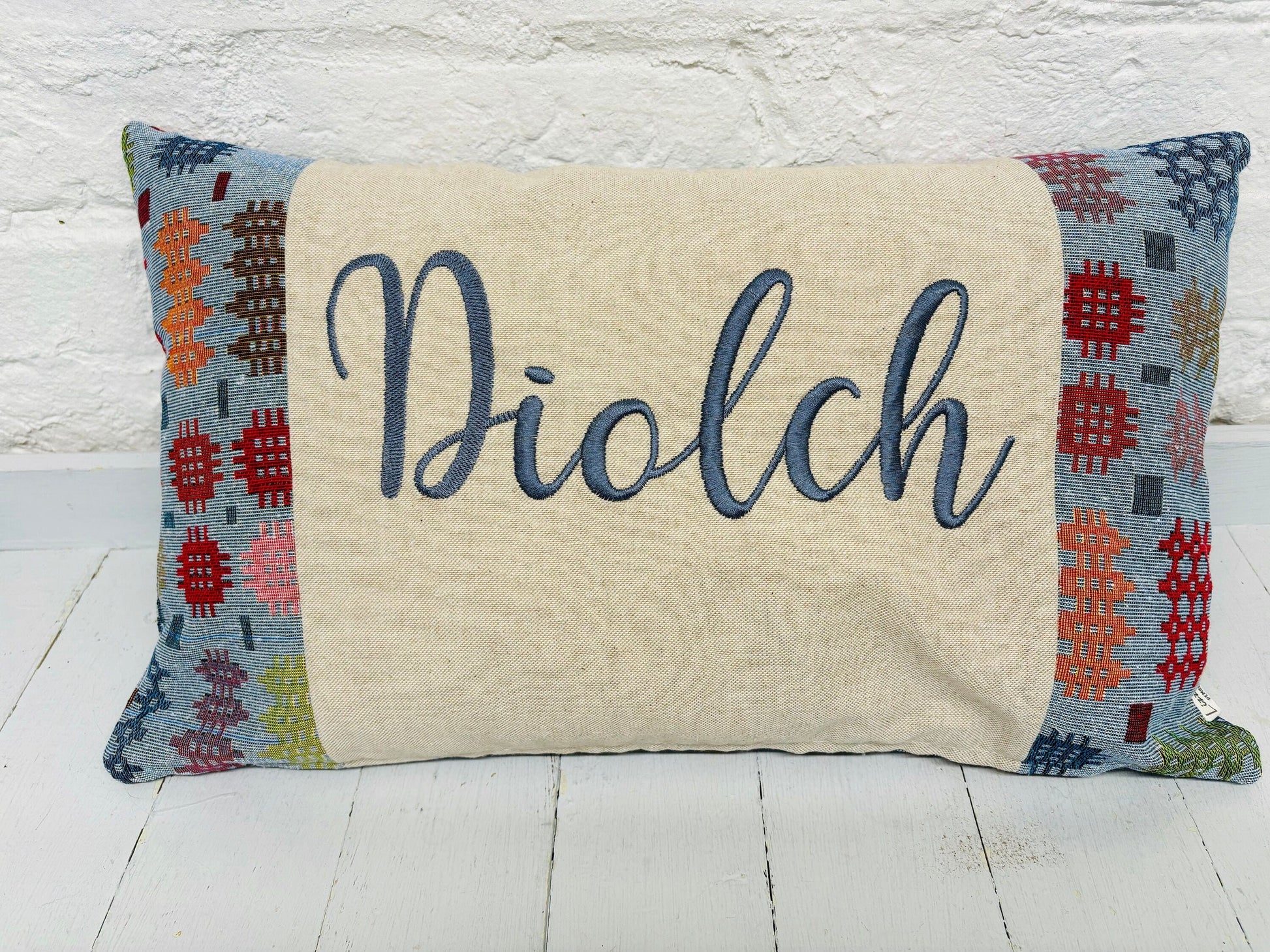 Welsh Blanket style Diolch Cushion -Personalised Cushion- Quote Cushion-welsh tapestry style long cushion.