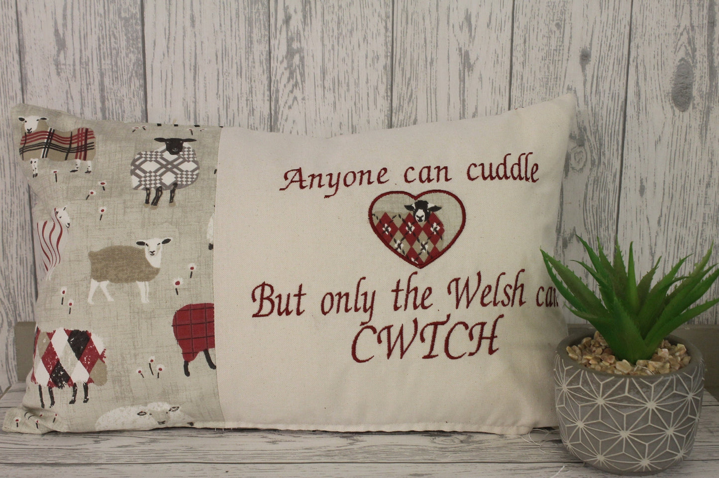 Welsh Quote Cushion- Anyone can cuddle but only the welsh can Cwtch , Red Sheep wearing jumpers Cushion- Personalised cushion-