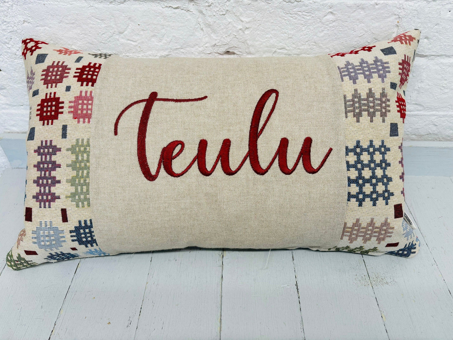 Welsh Blanket style Teulu Cushion-Personalised Cushion- Quote Cushion-welsh tapestry style long cushion.