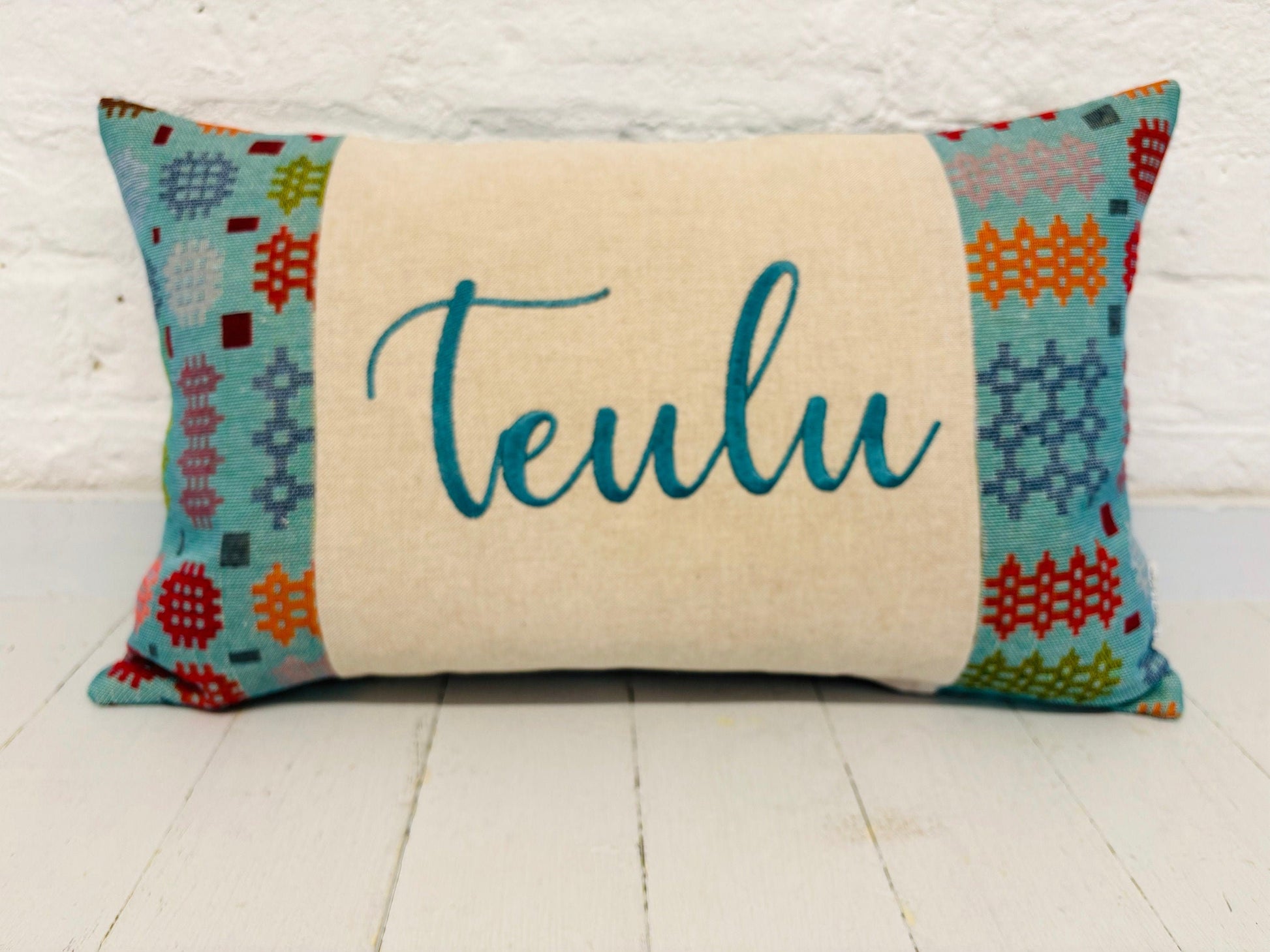 Welsh Blanket style Teulu Cushion-Personalised Cushion- Quote Cushion-welsh tapestry style long cushion.