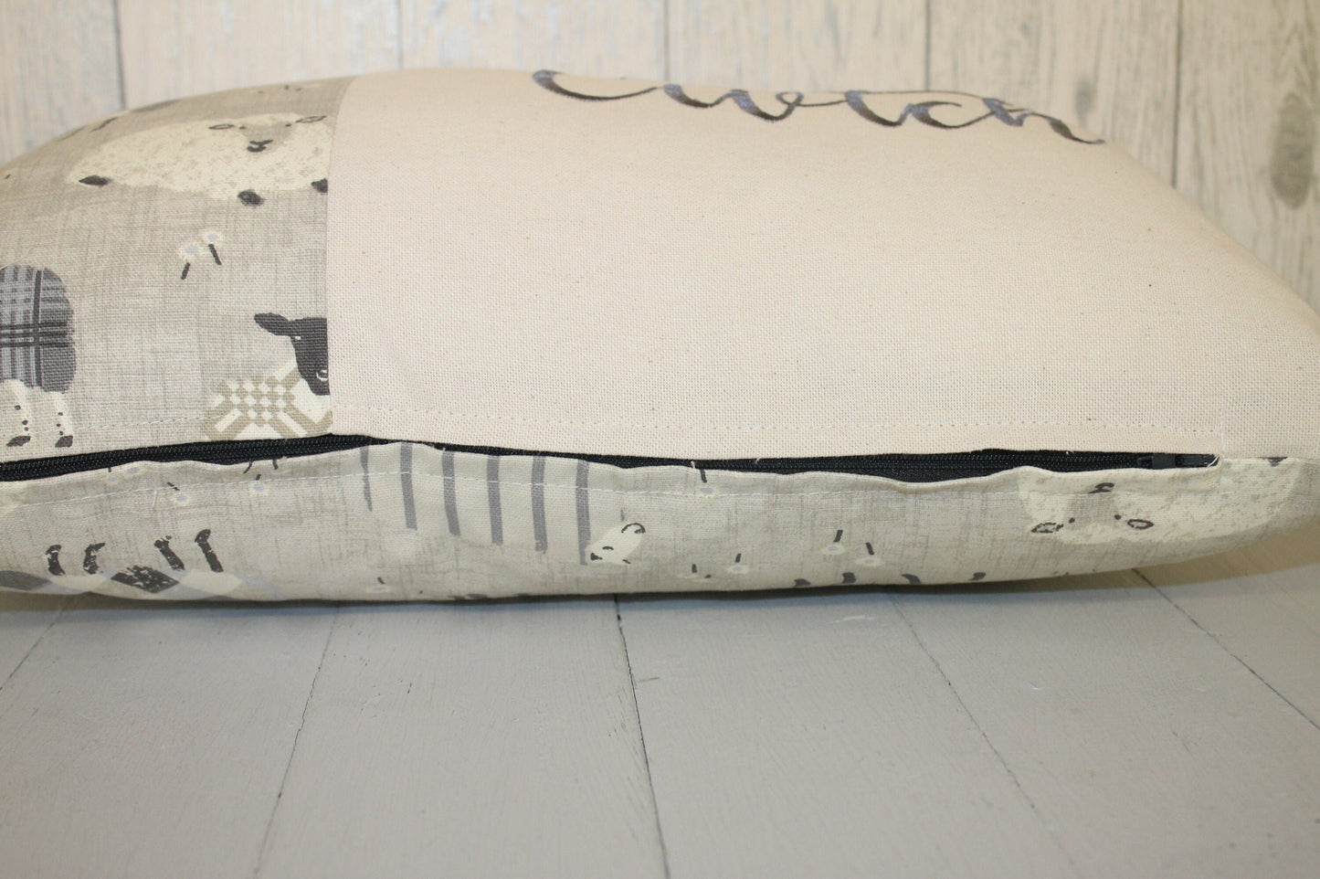 Cwtch Cushion-Personalised Cushion- Quote Cushion- Grey Sheep Wearing Jumpers & Cream long cushion.