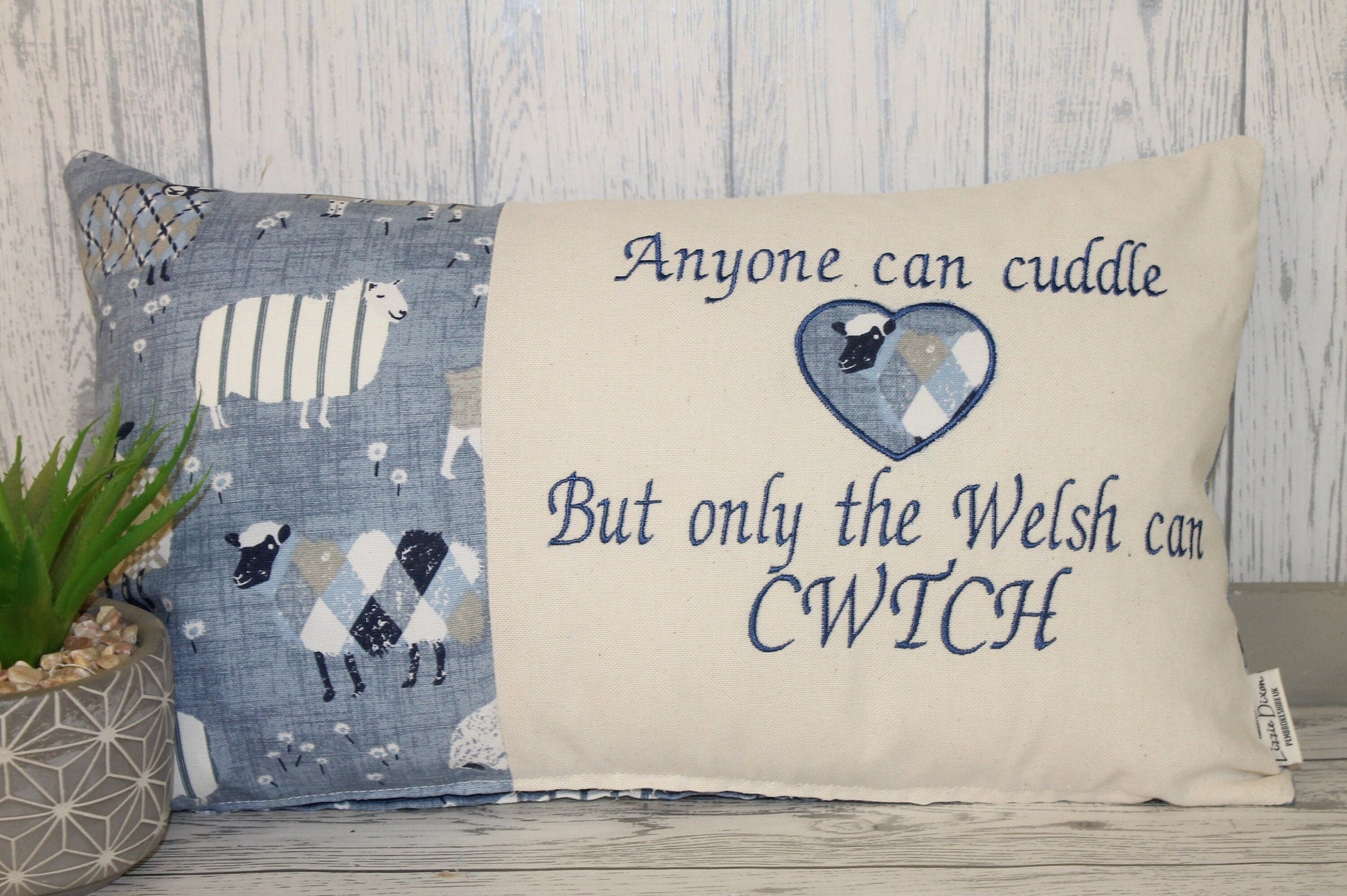 Welsh Quote Cushion- Anyone can cuddle but only the welsh can Cwtch , Blue Sheep wearing jumpers Cushion- Personalised cushion-