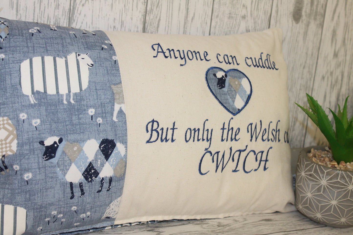 Welsh Quote Cushion- Anyone can cuddle but only the welsh can Cwtch , Blue Sheep wearing jumpers Cushion- Personalised cushion-