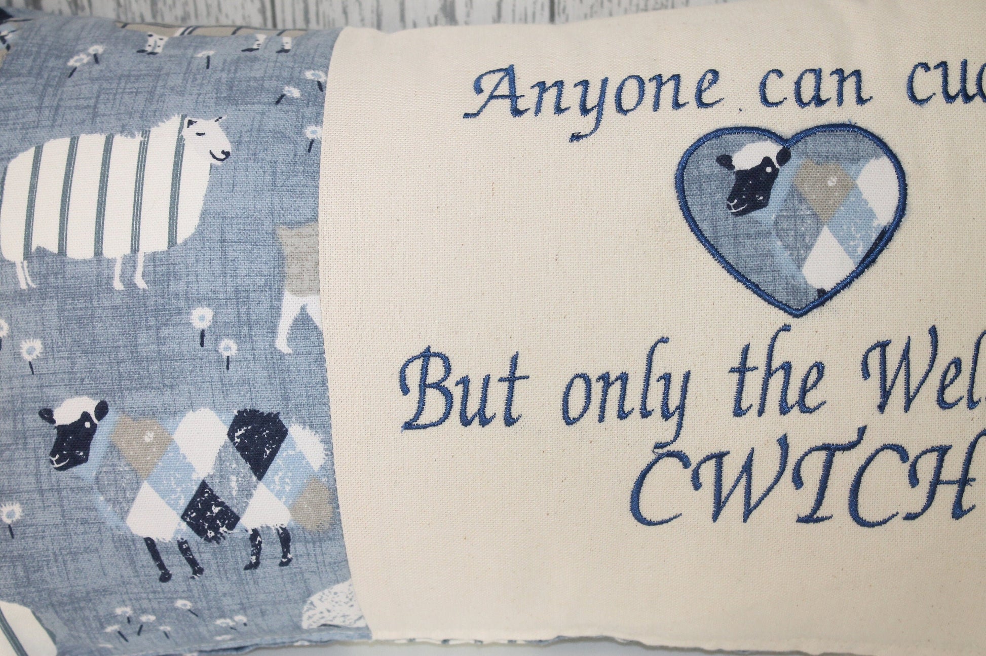 Welsh Quote Cushion- Anyone can cuddle but only the welsh can Cwtch , Blue Sheep wearing jumpers Cushion- Personalised cushion-