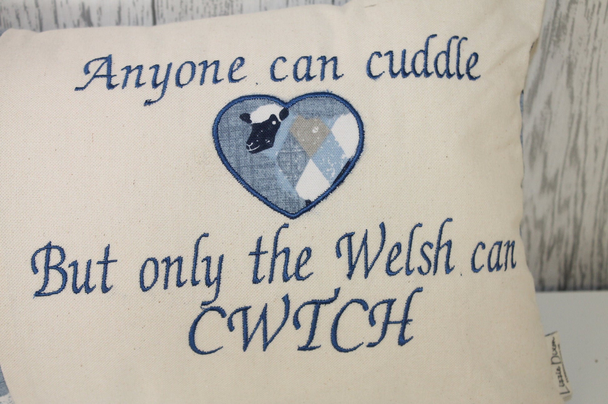 Welsh Quote Cushion- Anyone can cuddle but only the welsh can Cwtch , Blue Sheep wearing jumpers Cushion- Personalised cushion-