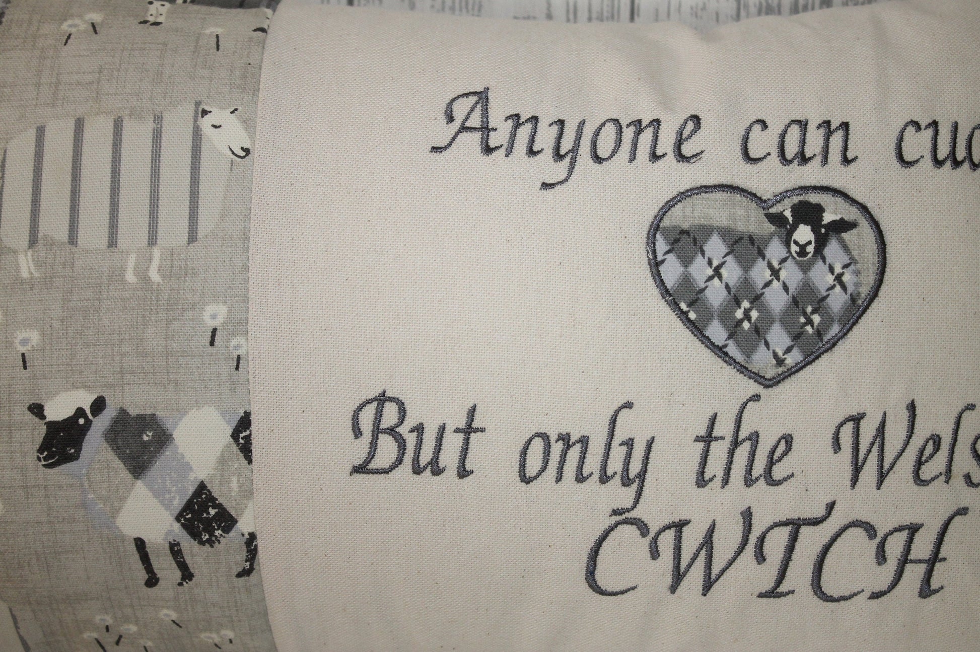 Welsh Quote Cushion- Anyone can cuddle but only the welsh can Cwtch ,Grey Sheep wearing jumpers Cushion- Personalised cushion-