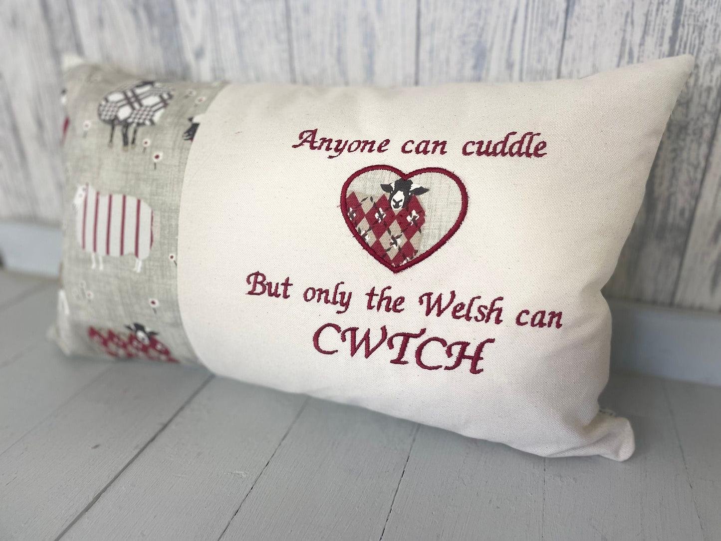 Welsh Quote Cushion- Anyone can cuddle but only the welsh can Cwtch ,Grey Sheep wearing jumpers Cushion- Personalised cushion-