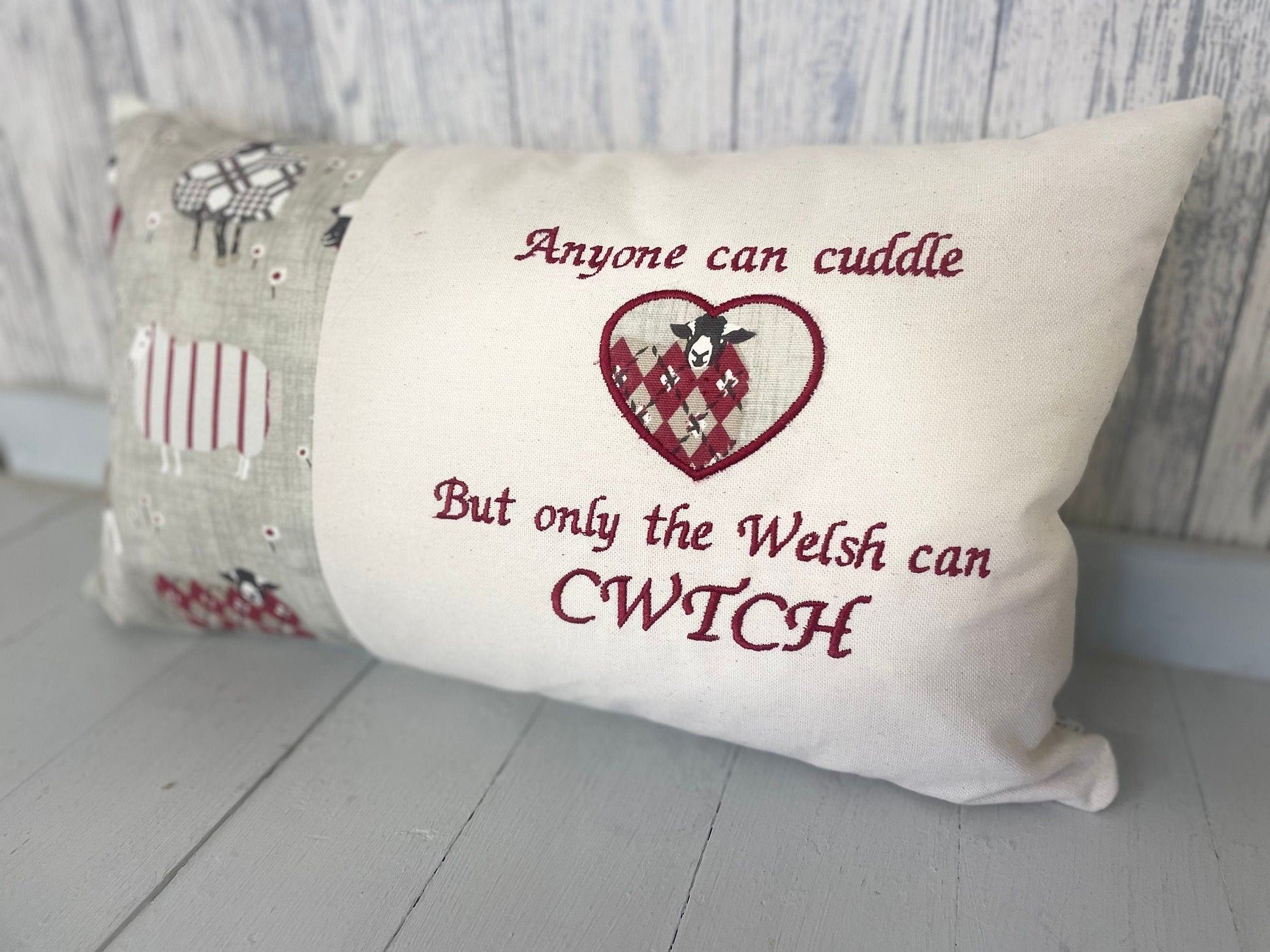 Welsh Quote Cushion- Anyone can cuddle but only the welsh can Cwtch ,Grey Sheep wearing jumpers Cushion- Personalised cushion-