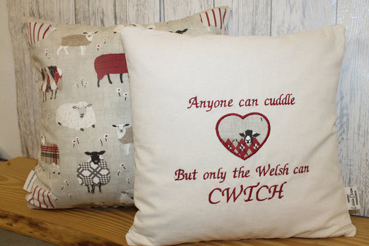 Sheep in woolly jumpers -16&quot; Any one can Cuddle but only the Welsh can Cwtch Cushion-Handmade welsh gifts-Reds and Cream