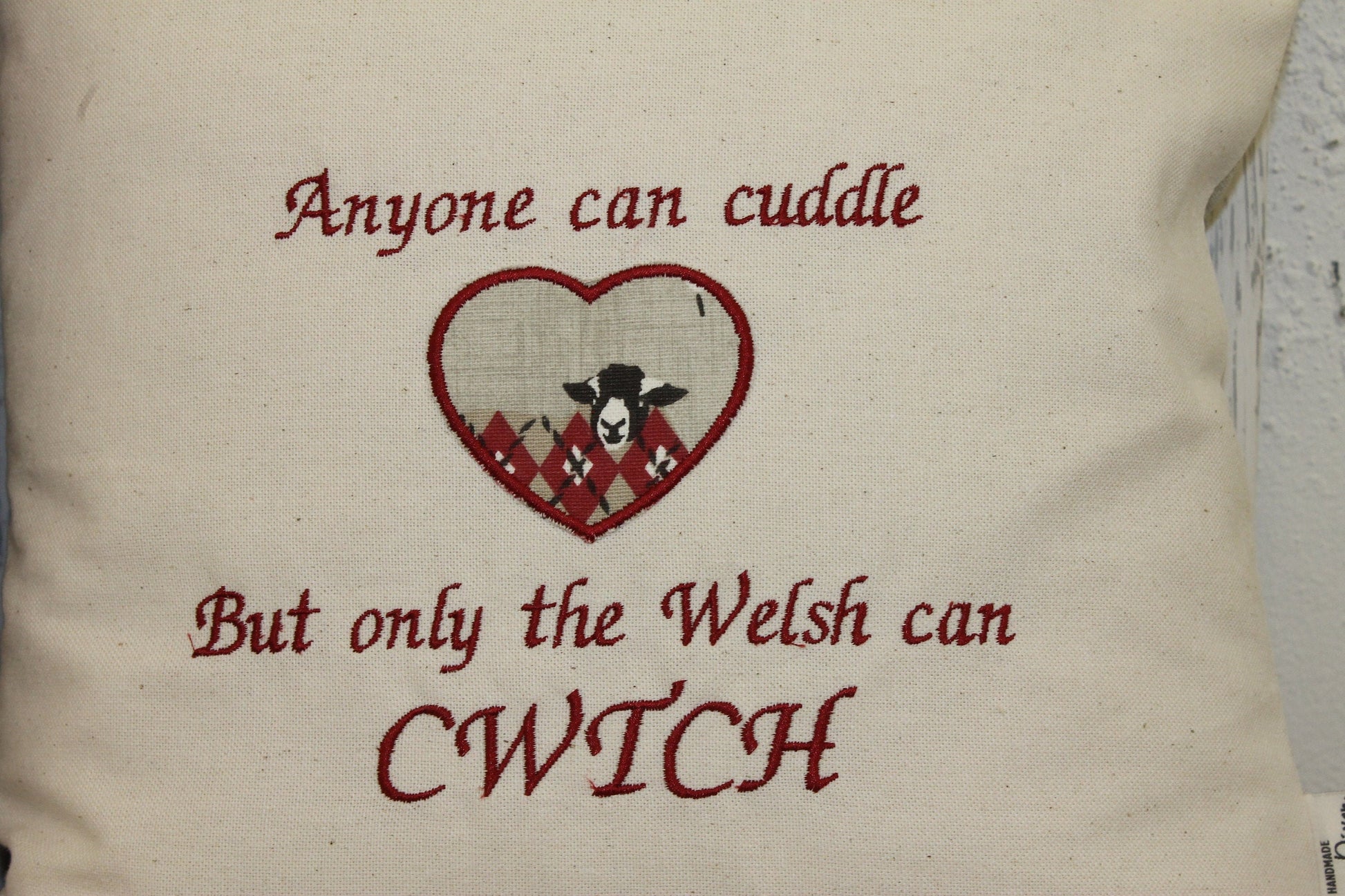 Sheep in woolly jumpers -16&quot; Any one can Cuddle but only the Welsh can Cwtch Cushion-Handmade welsh gifts-Reds and Cream