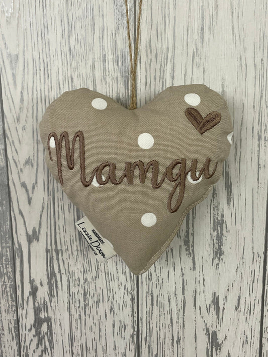 Mother&#39;s Day Decorative Hanging Heart- Mum Personalised Mother&#39;s Day Gift-Taupe Dotty Stuffed Lavender hanging Heart