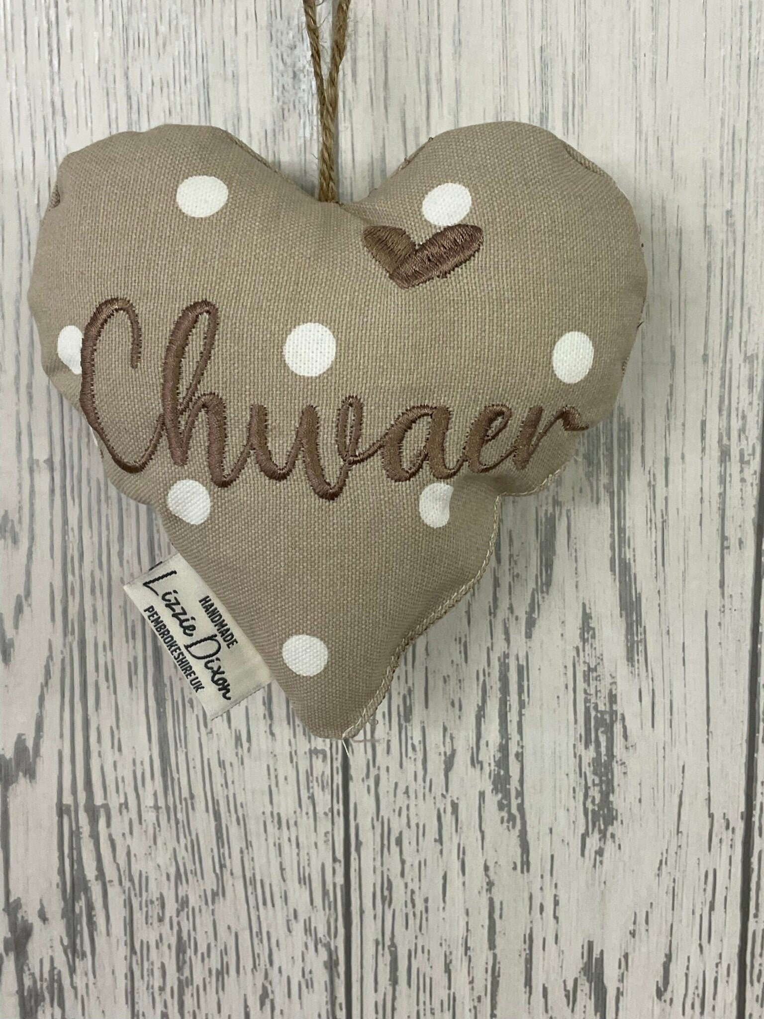 Mother&#39;s Day Decorative Hanging Heart- Mum Personalised Mother&#39;s Day Gift-Taupe Dotty Stuffed Lavender hanging Heart