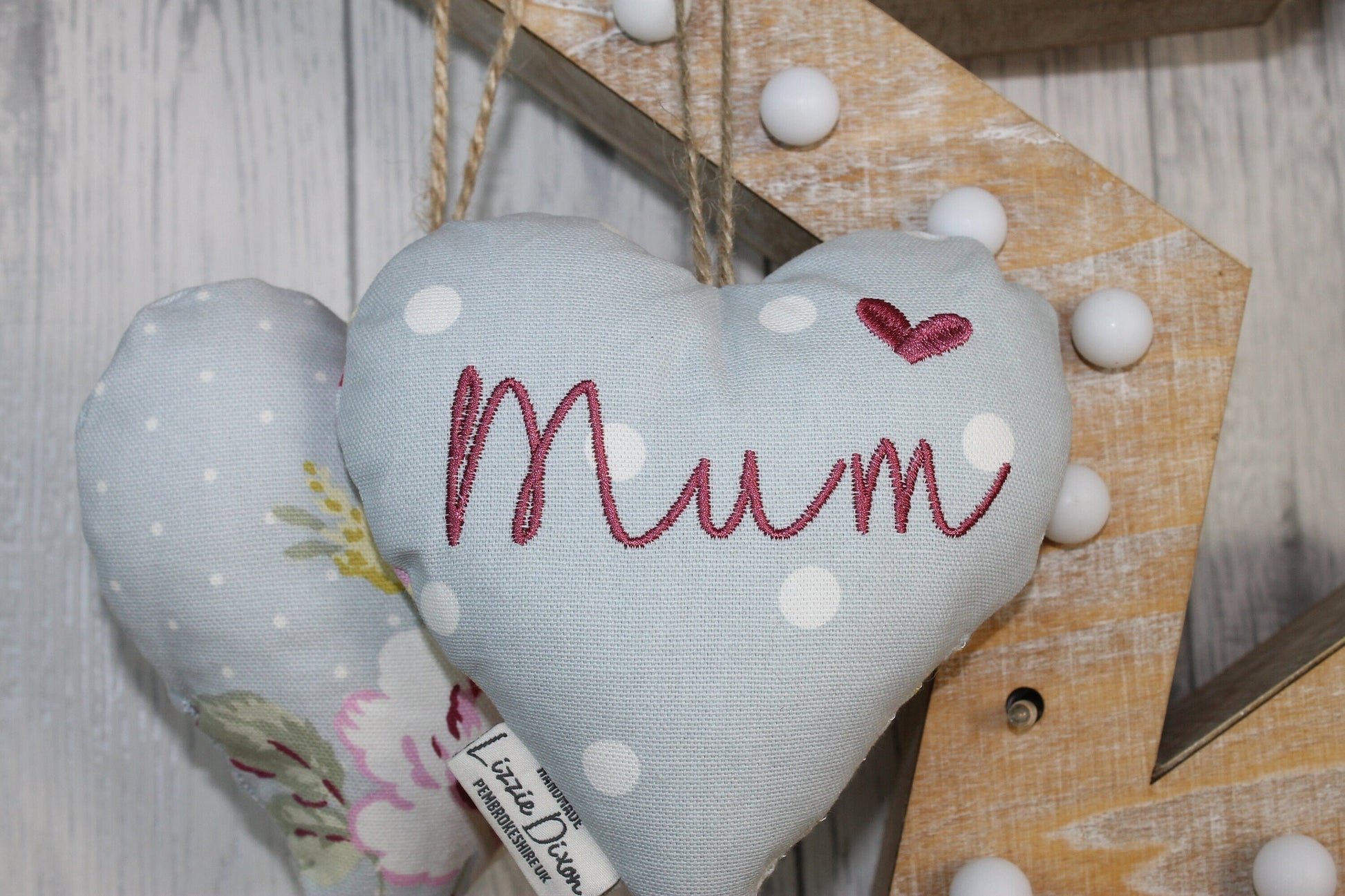 Mother&#39;s Day Decorative Hanging Heart- Mum Personalised Mother&#39;s Day Gift-Pale Blue Dotty and Floral Stuffed Lavender hanging Heart