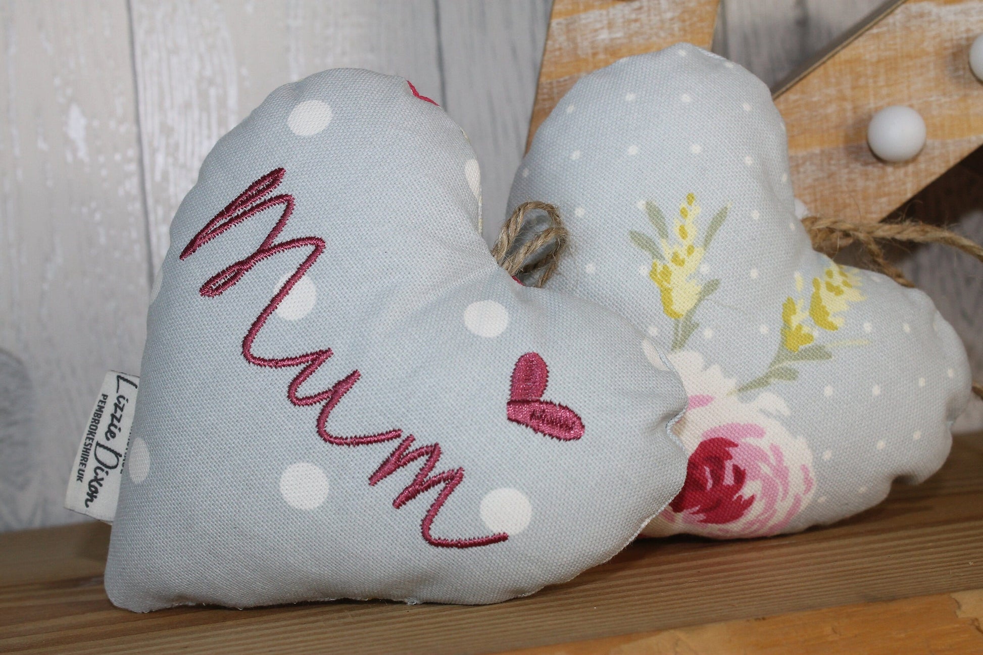 Mother&#39;s Day Decorative Hanging Heart- Mum Personalised Mother&#39;s Day Gift-Pale Blue Dotty and Floral Stuffed Lavender hanging Heart