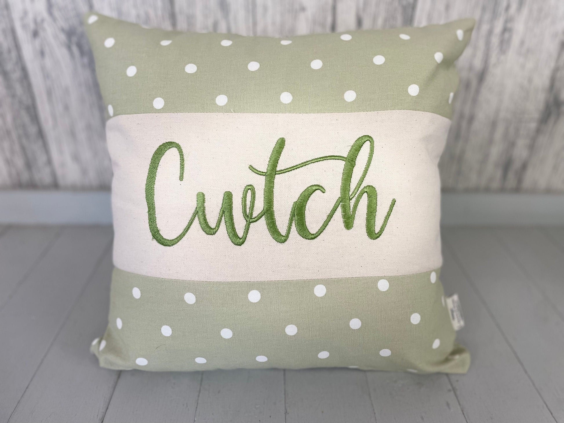 Cwtch Cushion-Green Dotty cushion - Welsh quote cushion