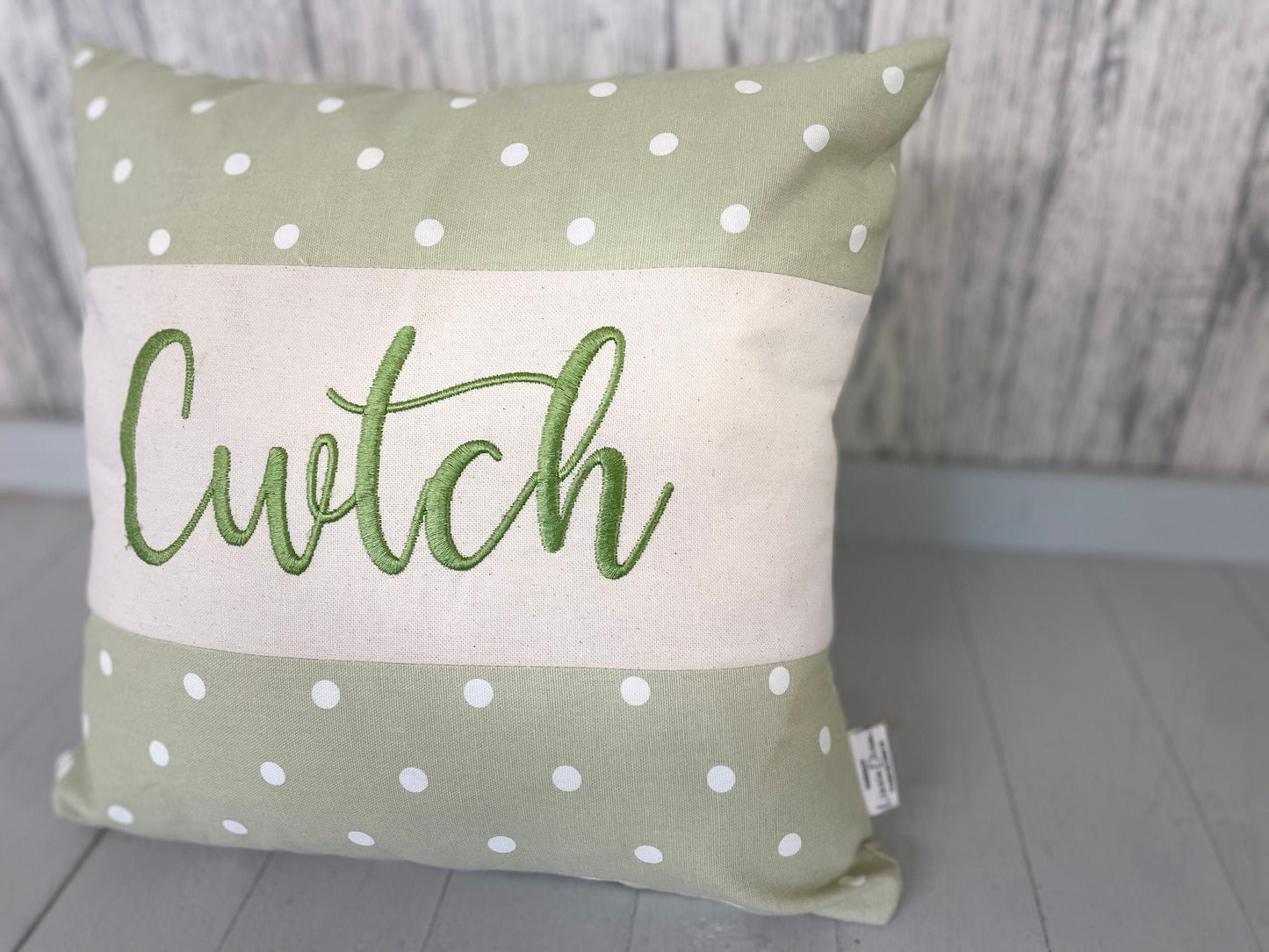 Cwtch Cushion-Green Dotty cushion - Welsh quote cushion