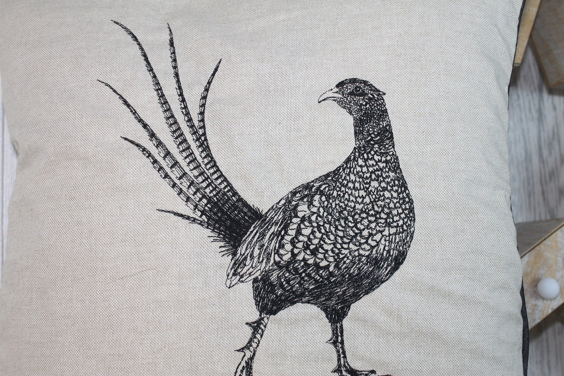 Pheasant Cushion- Cream/Taupe Piped Cushion - Lizzie Dixon Designs