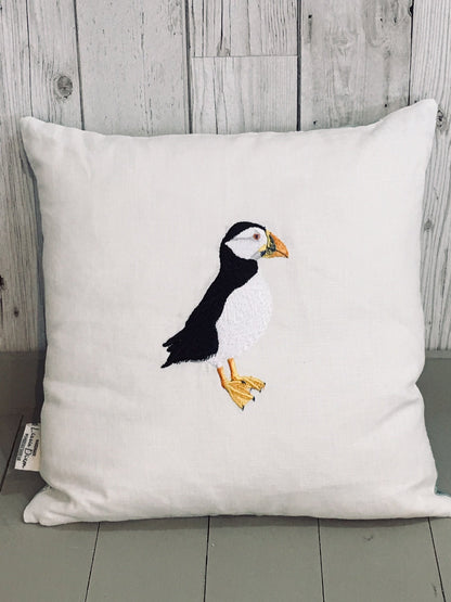 Puffin Cushion- 16&quot; Cushion White Front cute puffin fabric on reverse - Lizzie Dixon Designs