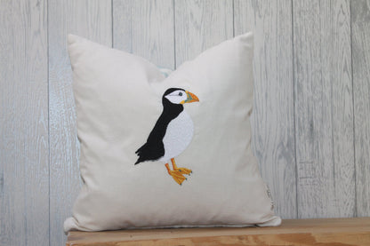 Puffin Cushion- 16&quot; Cushion White Front cute puffin fabric on reverse - Lizzie Dixon Designs