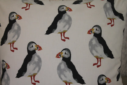 Puffin Cushion- 16&quot; Cushion White Front cute puffin fabric on reverse - Lizzie Dixon Designs