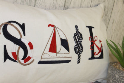Sale long cushion-Sale nautical cushion on white linen and wave fabric