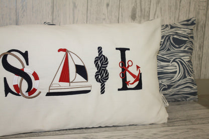 Sale long cushion-Sale nautical cushion on white linen and wave fabric