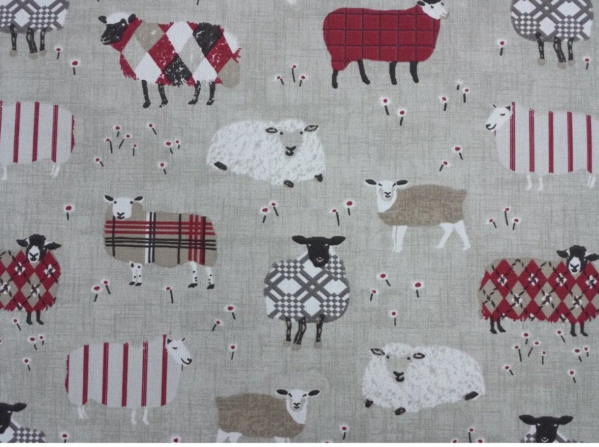 Red and Taupe Sheep in Jumpers Fabric by the half Metre-100% Cotton British Fabric-Craft Fabric red sheep fabric