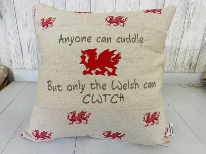 16&quot; Anyone can cuddle but only the Welsh can Cwtch- Welsh Dragon Square Panel Cushion