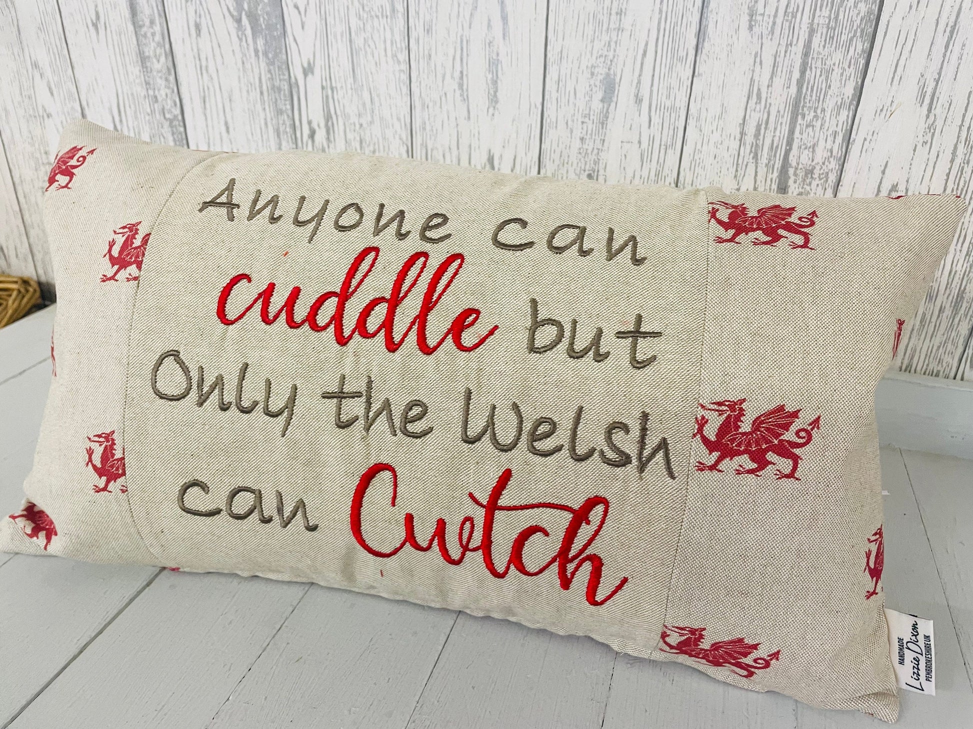 Anyone can Cuddle but only the Welsh can Cwtch-Welsh dragon panel long cushion