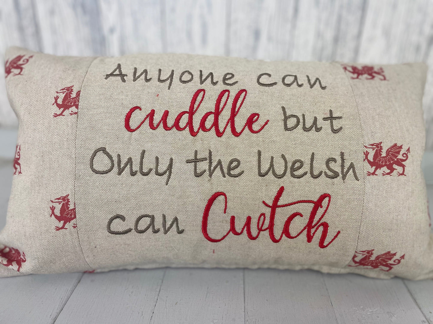 Anyone can Cuddle but only the Welsh can Cwtch-Welsh dragon panel long cushion