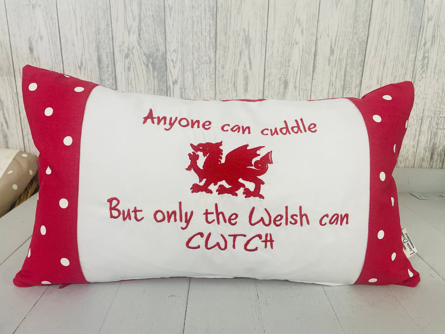 Anyone can Cuddle but only the Welsh can Cwtch-Welsh dragon panel long cushion