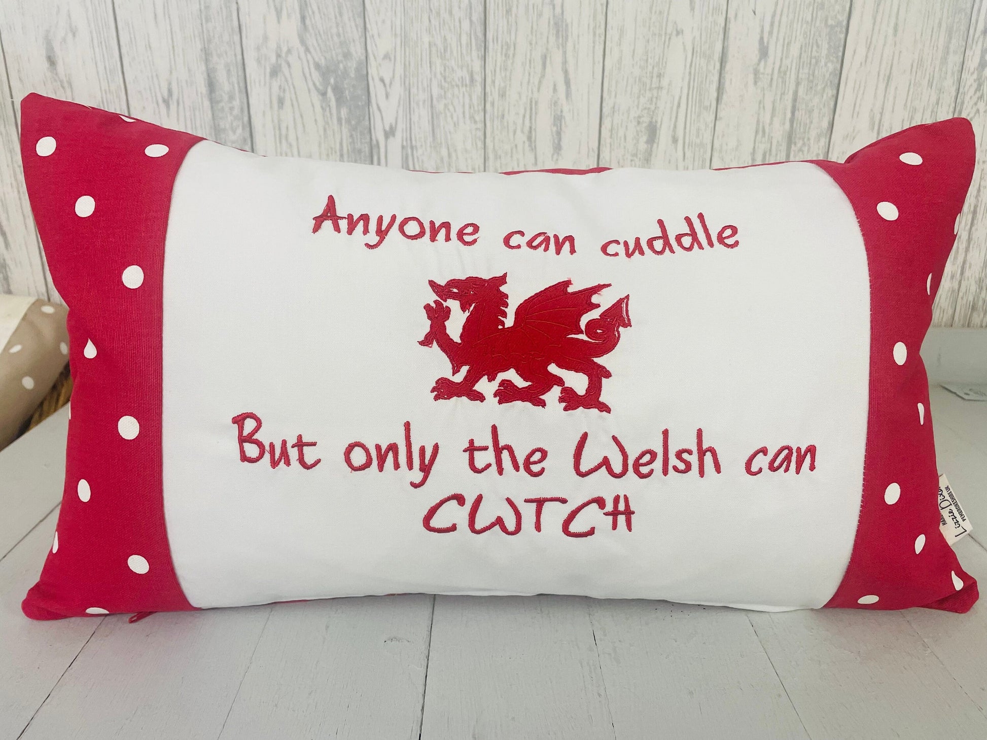 Anyone can Cuddle but only the Welsh can Cwtch-Welsh dragon panel long cushion