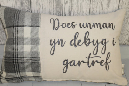 Welsh Quote Personalised Cushion- Quote Cushion- Grey Check Wool touch and Cream long cushion. Personalised cushion-