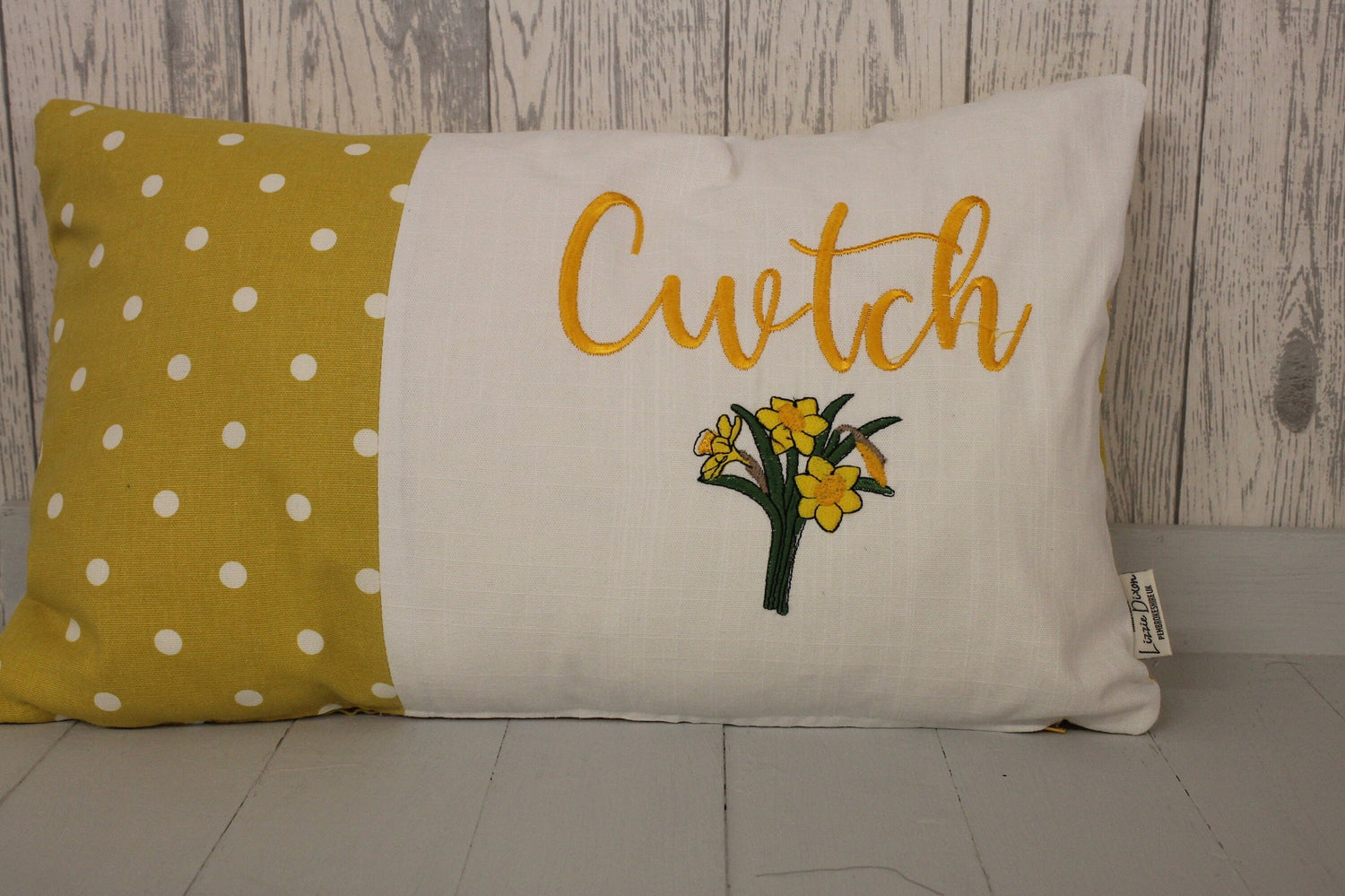 Cwtch Spring Daffodil Cushion- Spring Cushion -Mustard Dotty Panel Long Cushion- Daffodil Cushion- Cwtch Cushion- Welsh Cushion