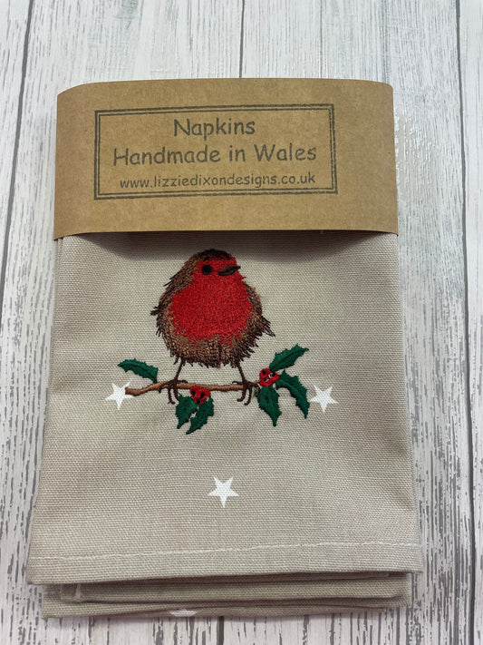 Festive Robin Christmas Napkins- Christmas fabric Taupe Star Fabric napkin.