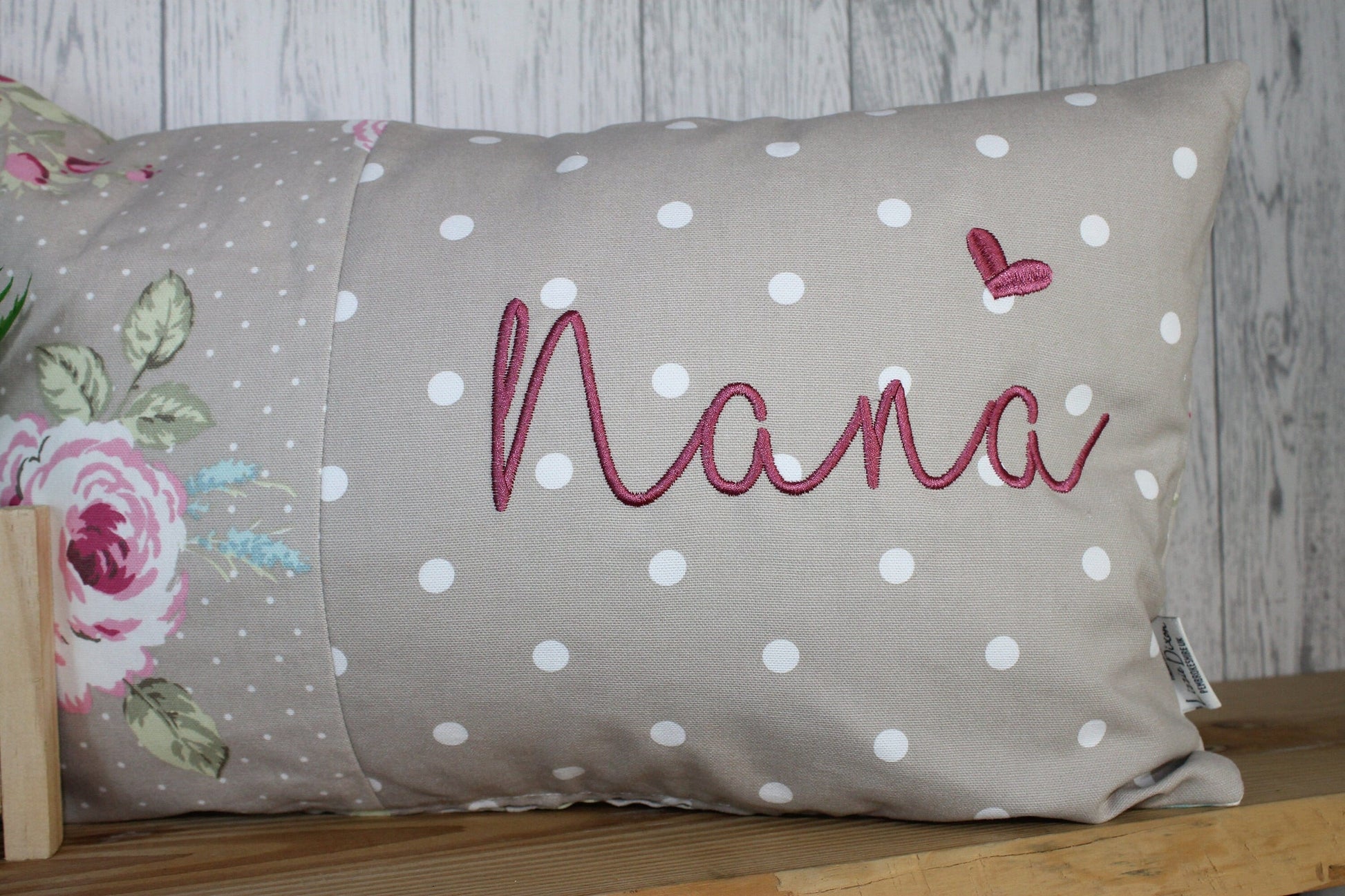 Mother&#39;s Day Gift, Nana Personalised Cushion, Gift for Mum. Gift for Mamgu, Grandma-Personalised Mothers Gift -Taupe Dotty and pretty Floral