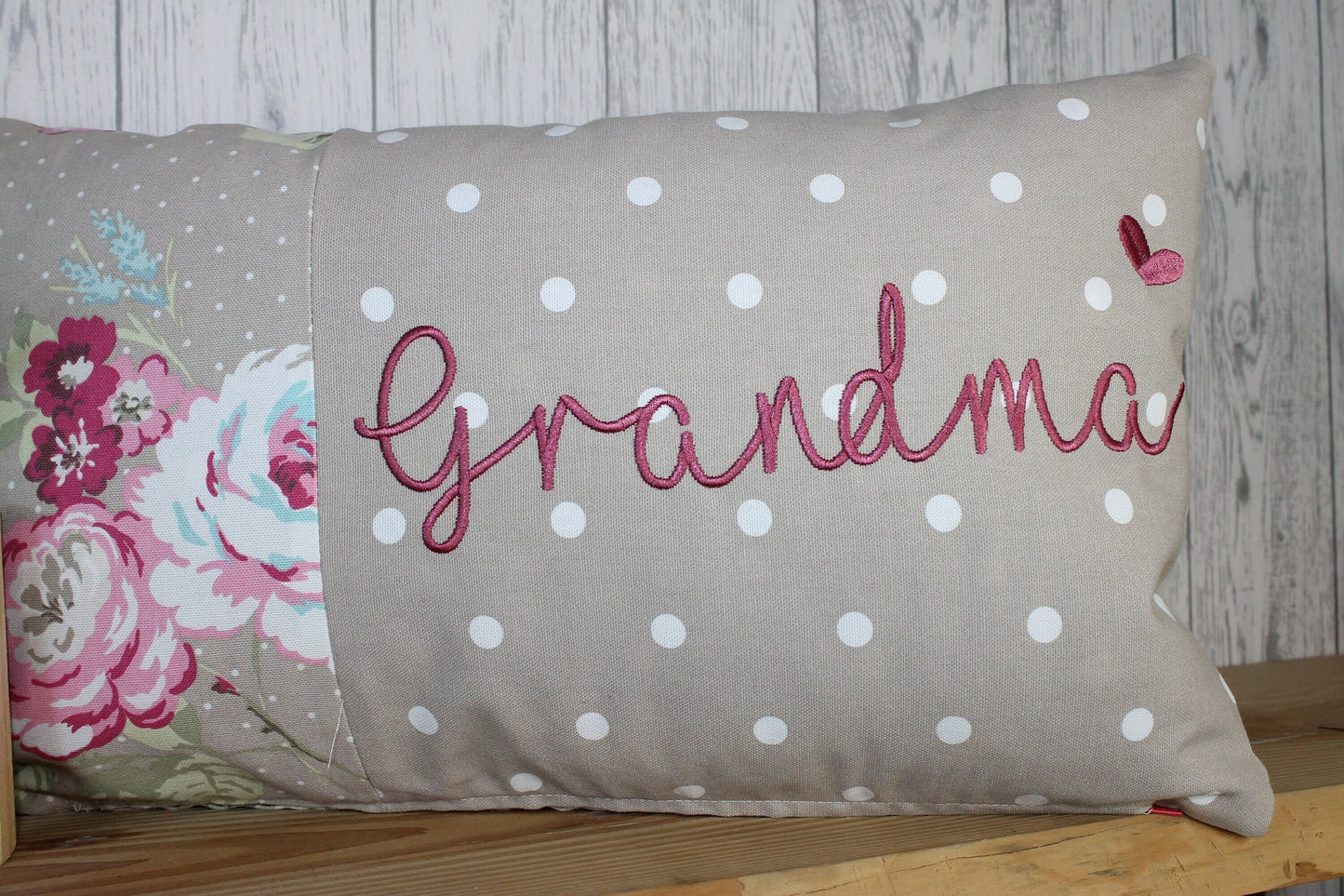 Mother&#39;s Day Gift, Nana Personalised Cushion, Gift for Mum. Gift for Mamgu, Grandma-Personalised Mothers Gift -Taupe Dotty and pretty Floral