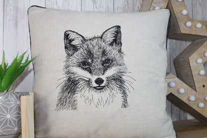 Fox Head Cushion, 14&quot; Cream Linen mix Cushion, Fox Cushion, Piped Cushion Cover ,British Wildlife collection. Double sided