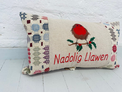 Christmas Robin ,fluffy Robin embroidered cushion Nadolig Llawen Welsh Blanket Tapestry
