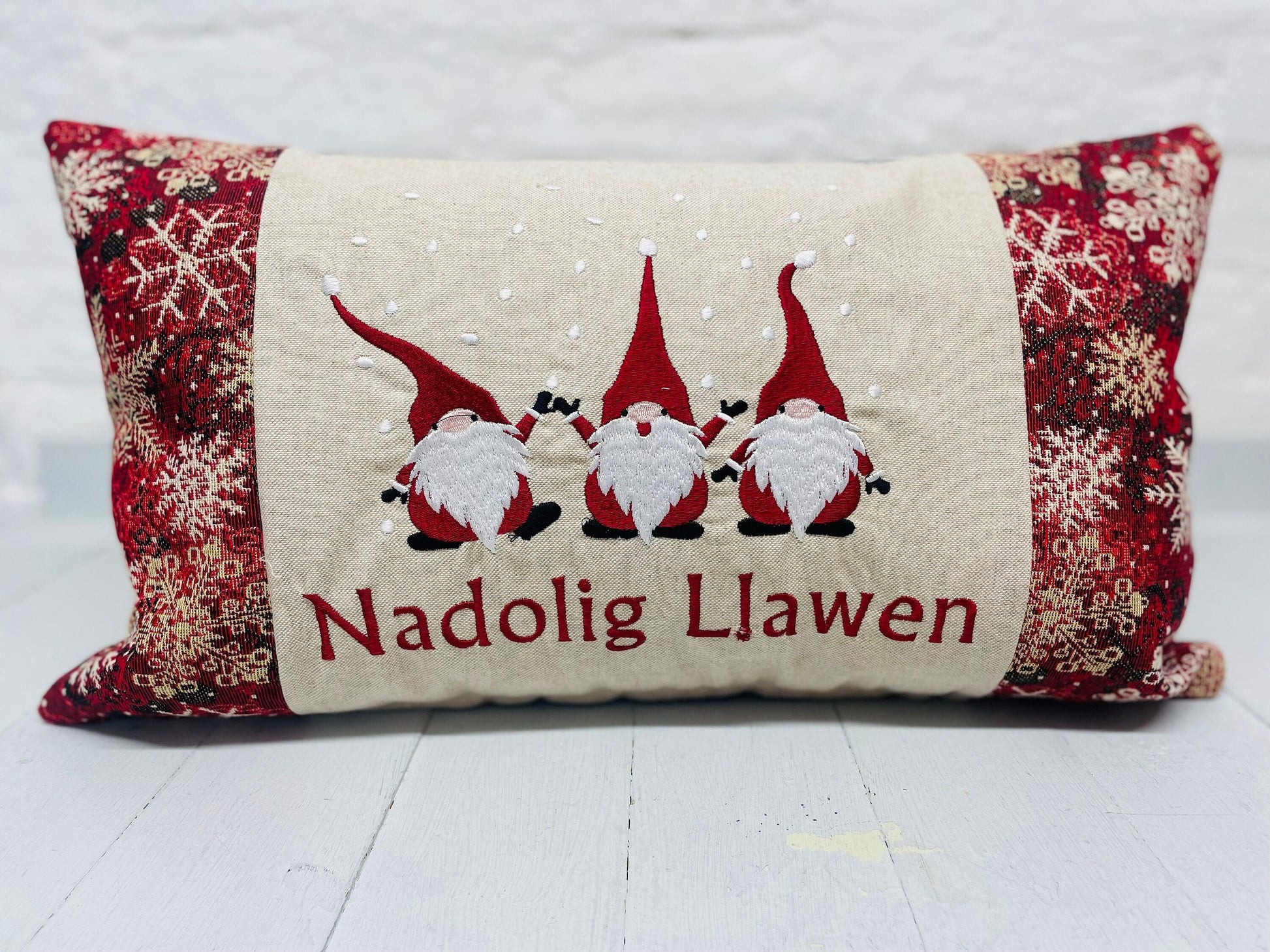 Christmas Gnomes embroidered cushion Nadolig Llawen -Luxe Snowflake with Gold thread Tapestry