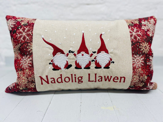 Christmas Gnomes embroidered cushion Nadolig Llawen -Luxe Snowflake with Gold thread Tapestry