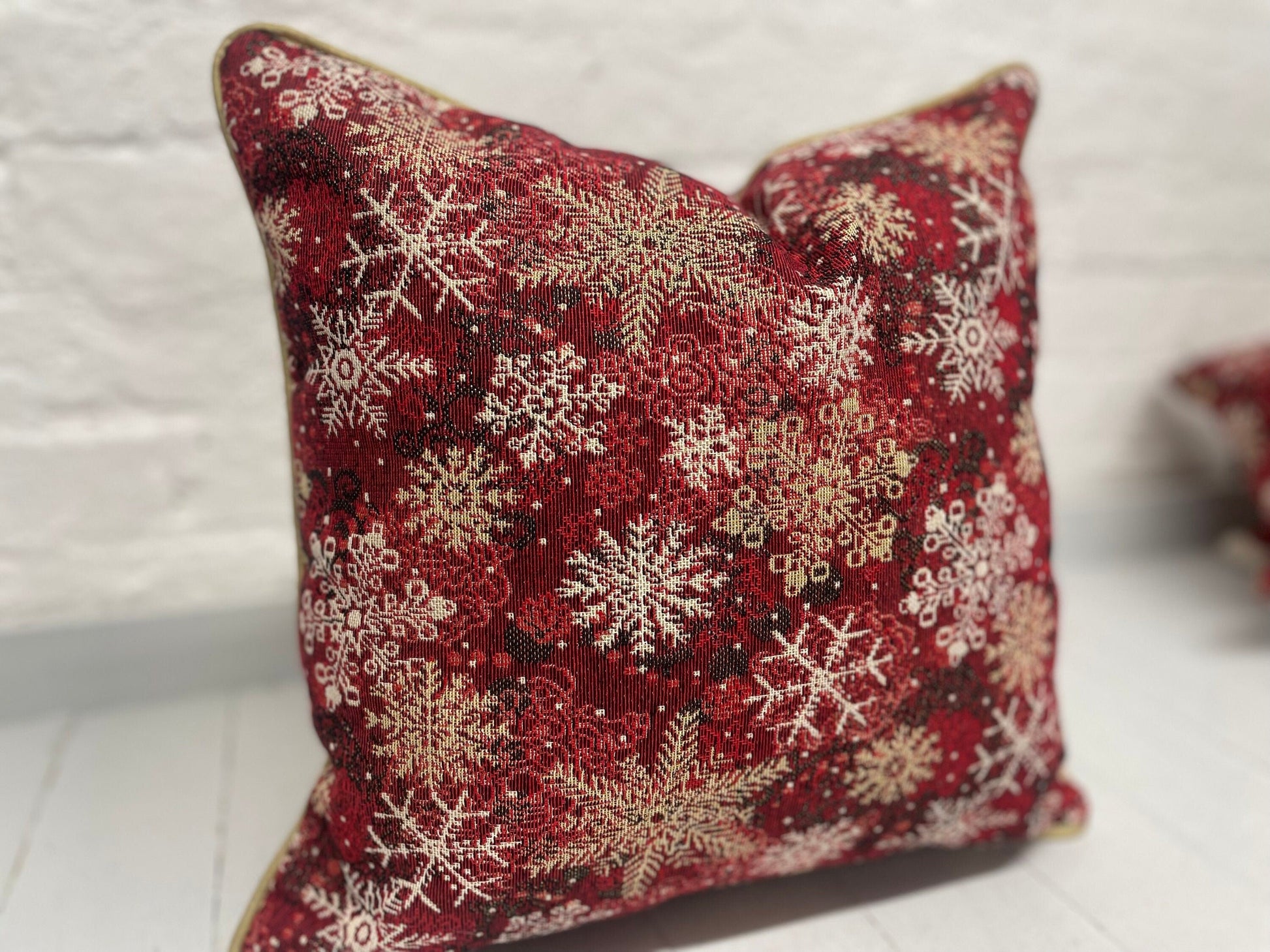 Snowflake Cushion with gold piping- Red and Gold Luxe Tapestry fabric