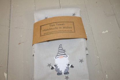 Handmade Tea Towel- Festive Tea Towel-Grey Gnome embroidered tea towel- Grey Stars Tea Towel