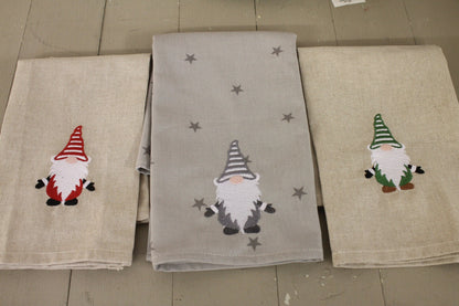 Handmade Tea Towel- Festive Tea Towel-Grey Gnome embroidered tea towel- Grey Stars Tea Towel