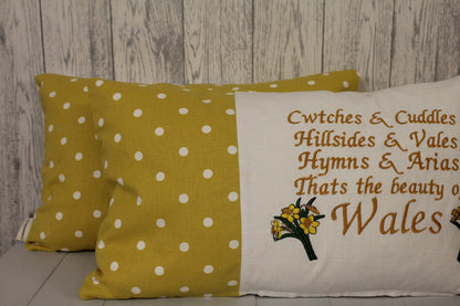Cwtches & Cuddles Spring Daffodil Cushion- Spring Cushion -Mustard Dotty Panel Long Cushion- Daffodil Cushion- Cwtch Cushion- Welsh Cushion