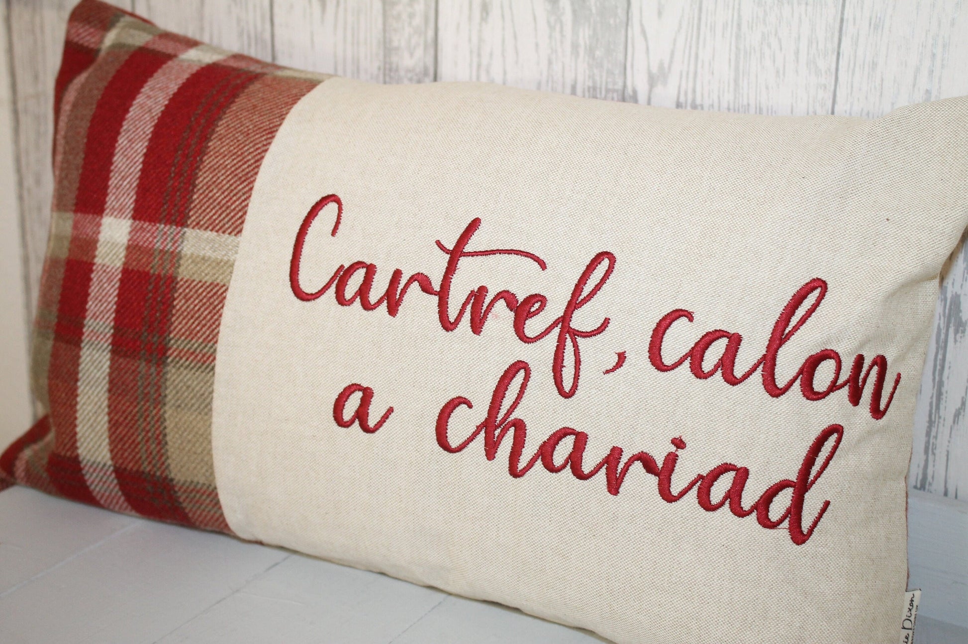 Cartref calon a chariad Cushion-Personalised Cushion- Quote Cushion- Grey Check Wool touch and Cream long cushion. Personalised cushion