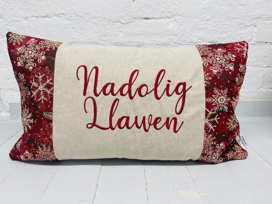 Nadolig Llawen Christmas Cushion- Snowflake Red and Gold Tapestry style cushion.