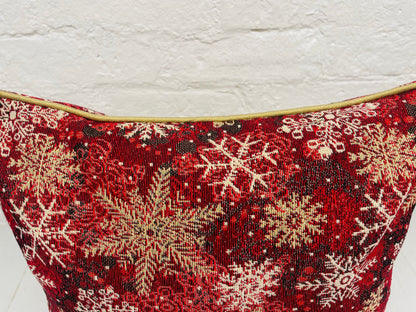 Nadolig Llawen Christmas Cushion- Snowflake Red and Gold Tapestry style cushion.