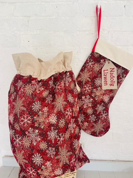 Luxe Snowflake red and gold Tapestry Christmas Sack Nadolig Llawen- personalised Sack